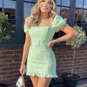 ZARA green floral print linen blend mini dress Small